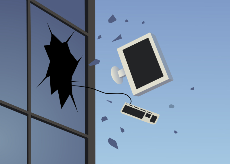 an illustration of a computer flying out of a window