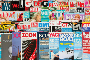 a bunch of magazines shelved
