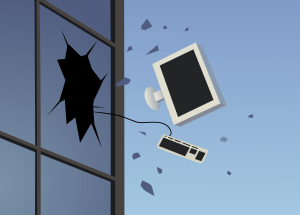 an illustration of a computer flying out of a window